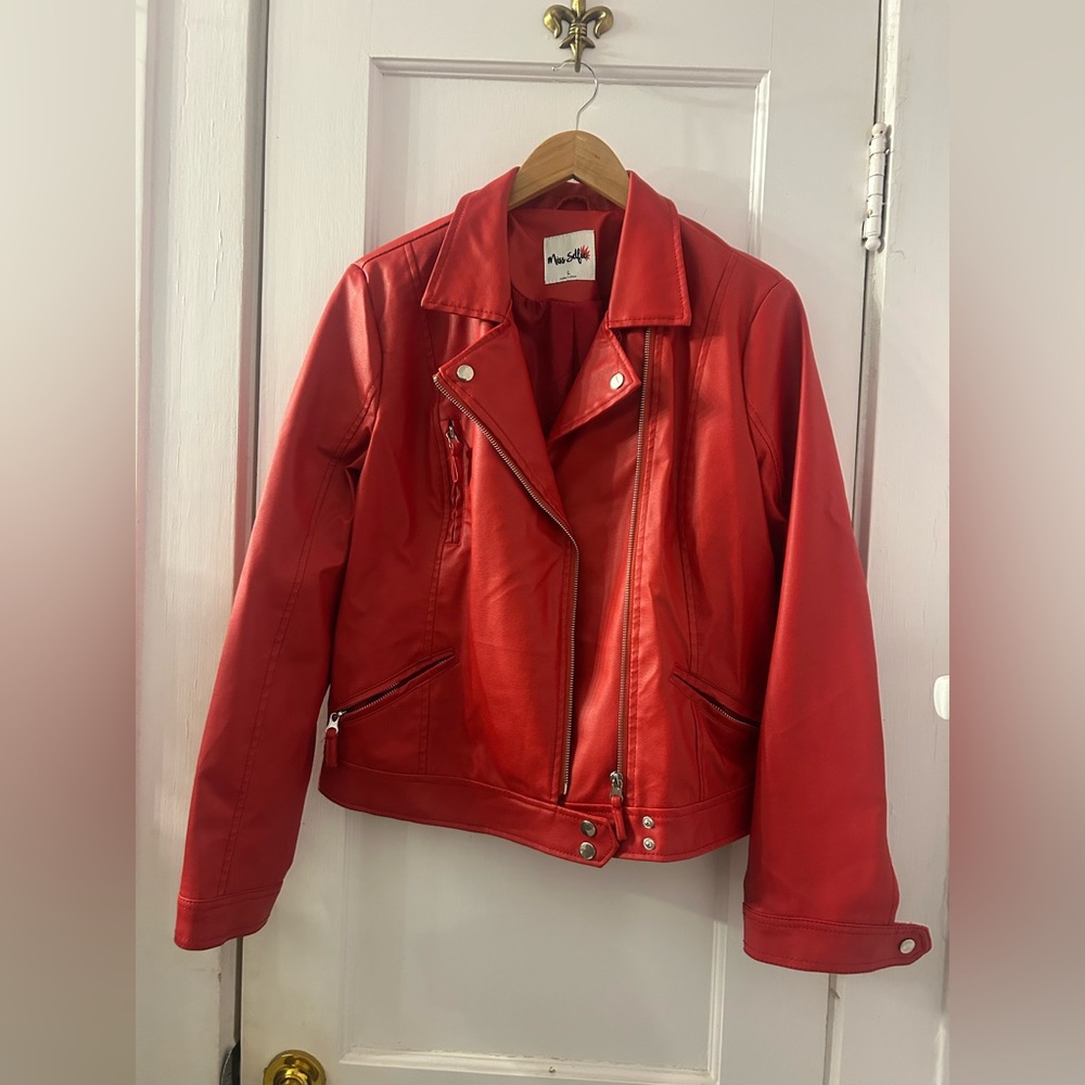 Miss Selfie Bright Red Faux Leather Moto Biker Jacket Junior Size Large